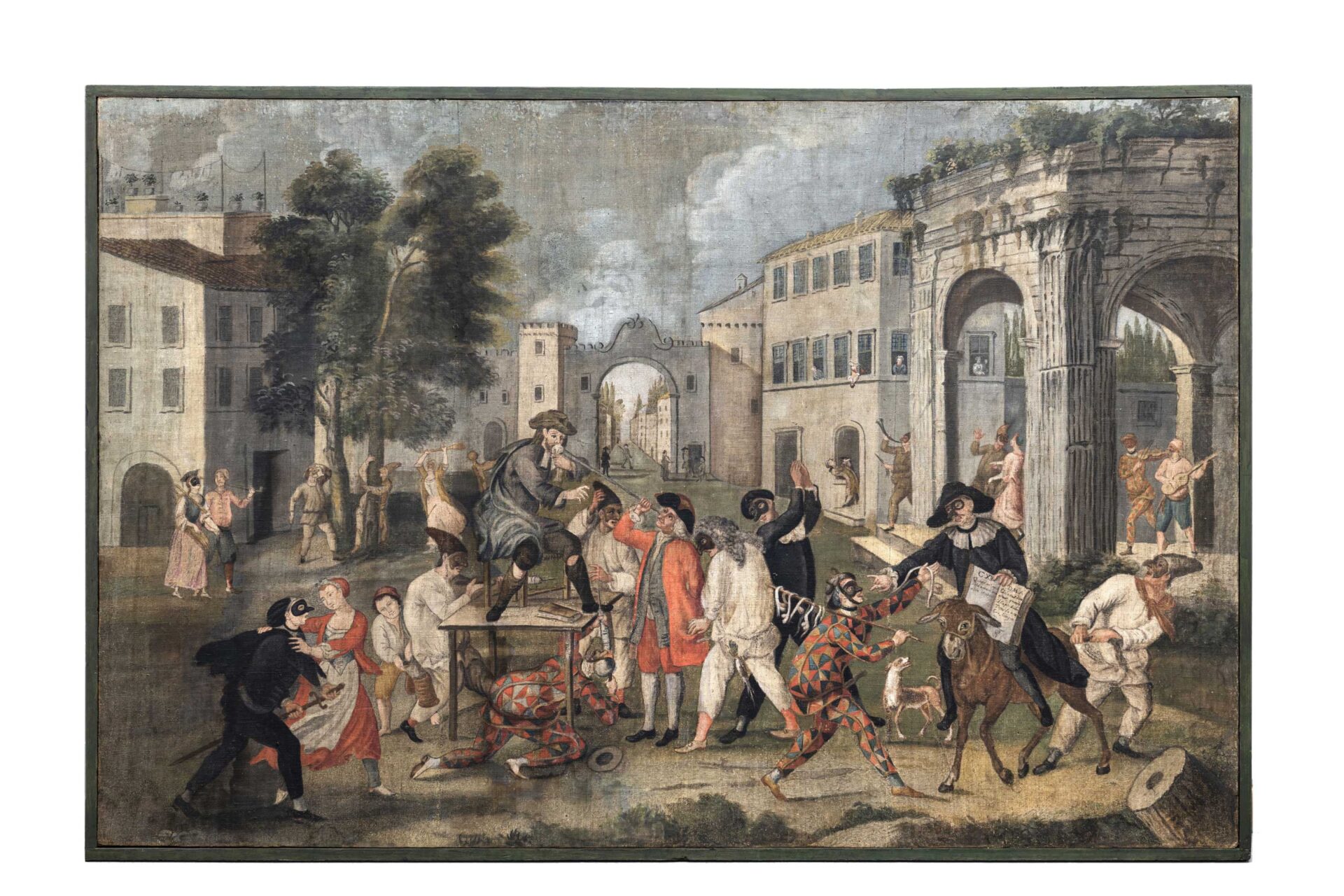 anonimo di scuola romana gruppo di maschere in una piazza romana sec xviii dipinto colori succo derba con cornice roma biblioteca museo teatrale siae